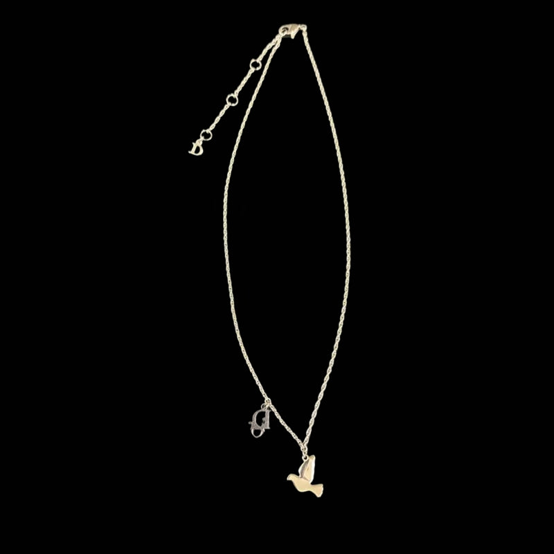 DIOR Dove Motif Pendant Necklace Rhinestone Silver Alloy Hardware