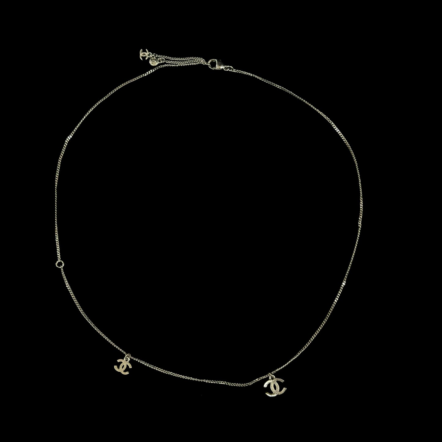 CHANEL Silver Alloy Black Pave Crystal Double CC Pendant Necklace