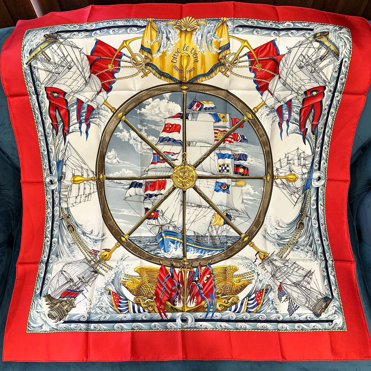 HERMES,  Scarf, Red, With tag, Red, Sea, Hermes silk scarf, red sailboat pattern