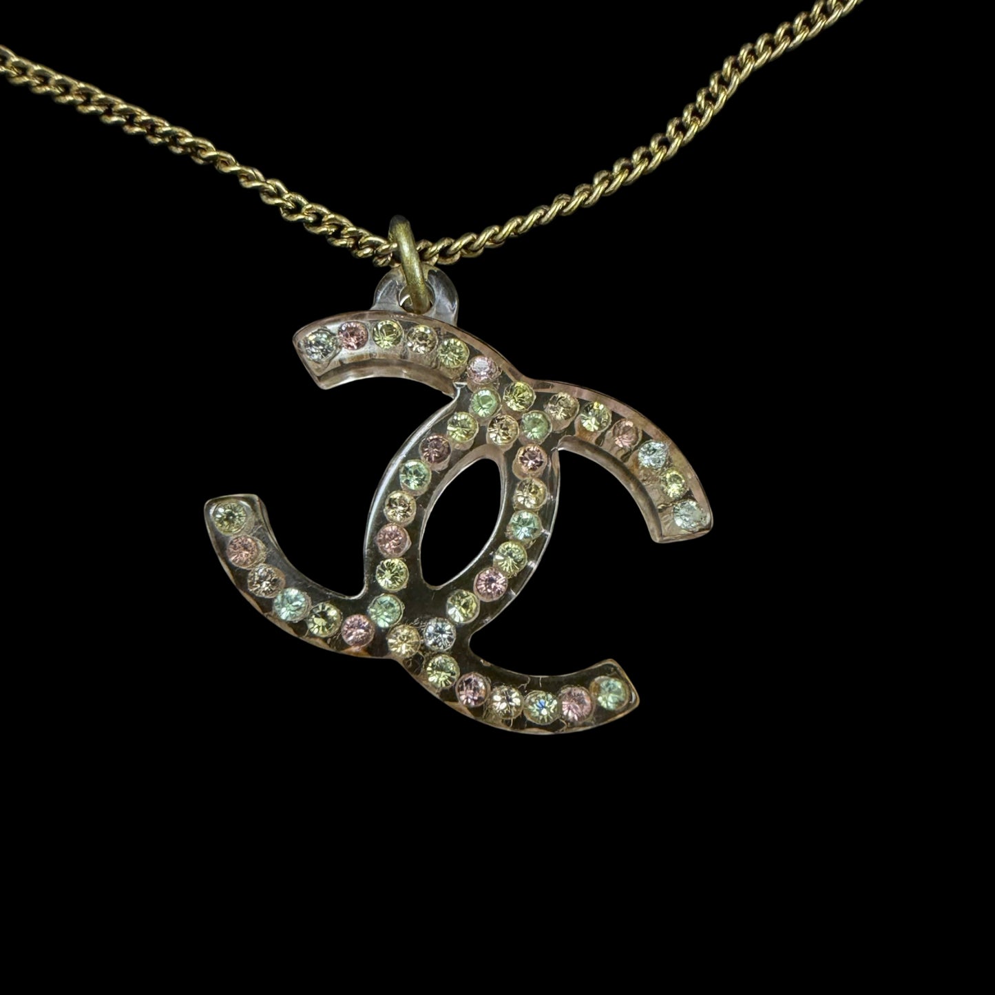 CHANEL CC Logo Pink Base Full Rhinestone Inlay Necklace Gold Tone Metal Thin Chain Adjustable Clasp Elegant Sparkling Classic Vintage Design
