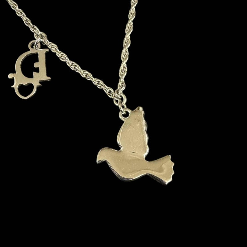 DIOR Dove Motif Pendant Necklace Rhinestone Silver Alloy Hardware