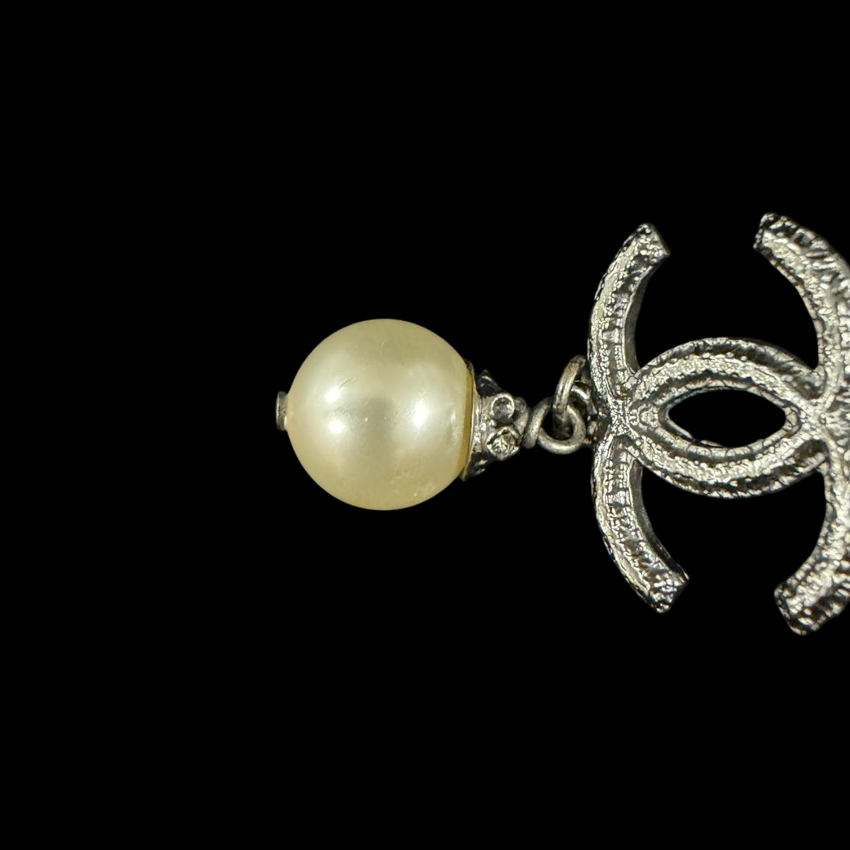 CHANEL Silver Alloy Faux Pearl Double CC Drop Earrings With Silver Hardware
