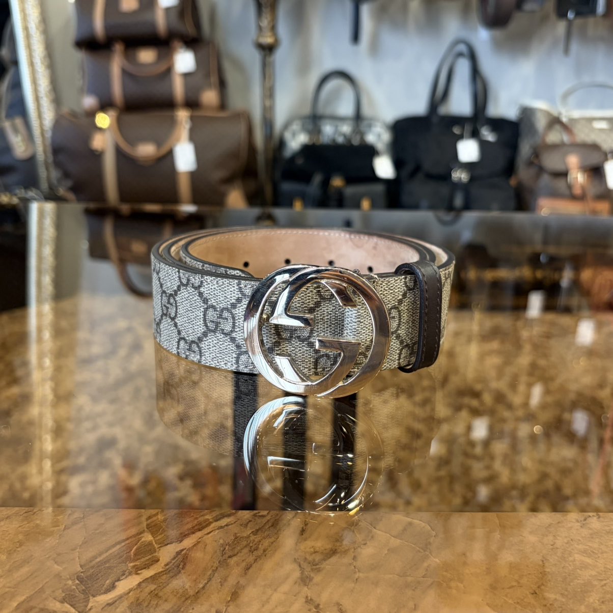 GUCCI Interlocking G GG Supreme Brown PVC Belt With Gold Hardware, Comes With Original Dust Bag