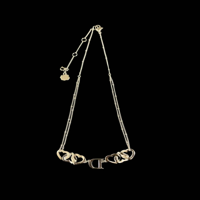 DIOR Heart CD Logo Pendant Necklace Rhinestone 925 Sterling Silver