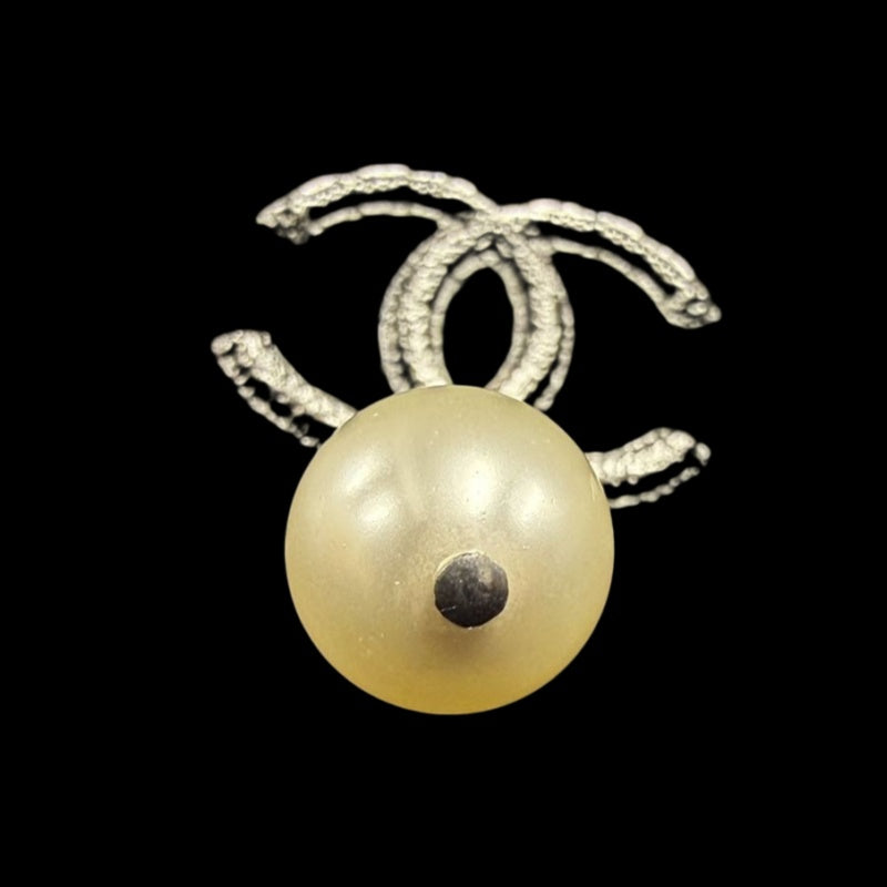 CHANEL Silver Alloy Faux Pearl Double CC Drop Earrings With Silver Hardware