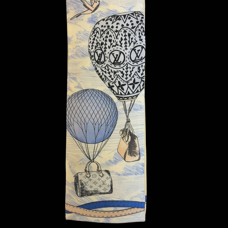 LOUIS VUITTON White & Blue Hot Air Balloon And Bird Pattern Silk Scarf