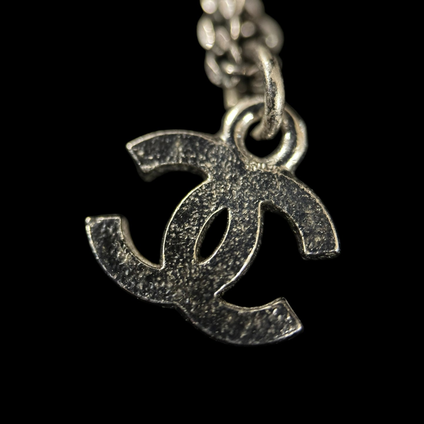 CHANEL Silver Alloy Black Pave Crystal Double CC Pendant Necklace