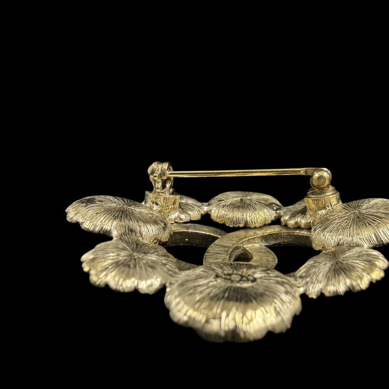 CHANEL CC Logo Brooch Accessory Gold Tone Metal Black Pearl Full Stone Inlay Vintage Elegant Design