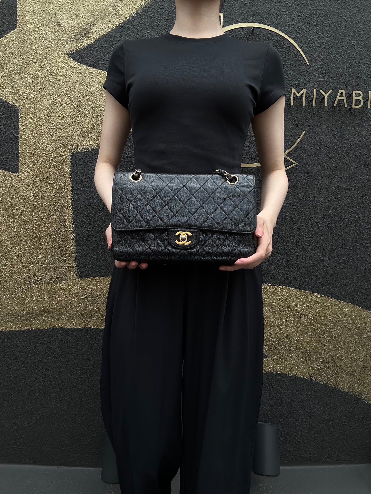 CHANEL Matelasse CF Caviar Skin Shoulder Bag Black Gold-Tone Hardware