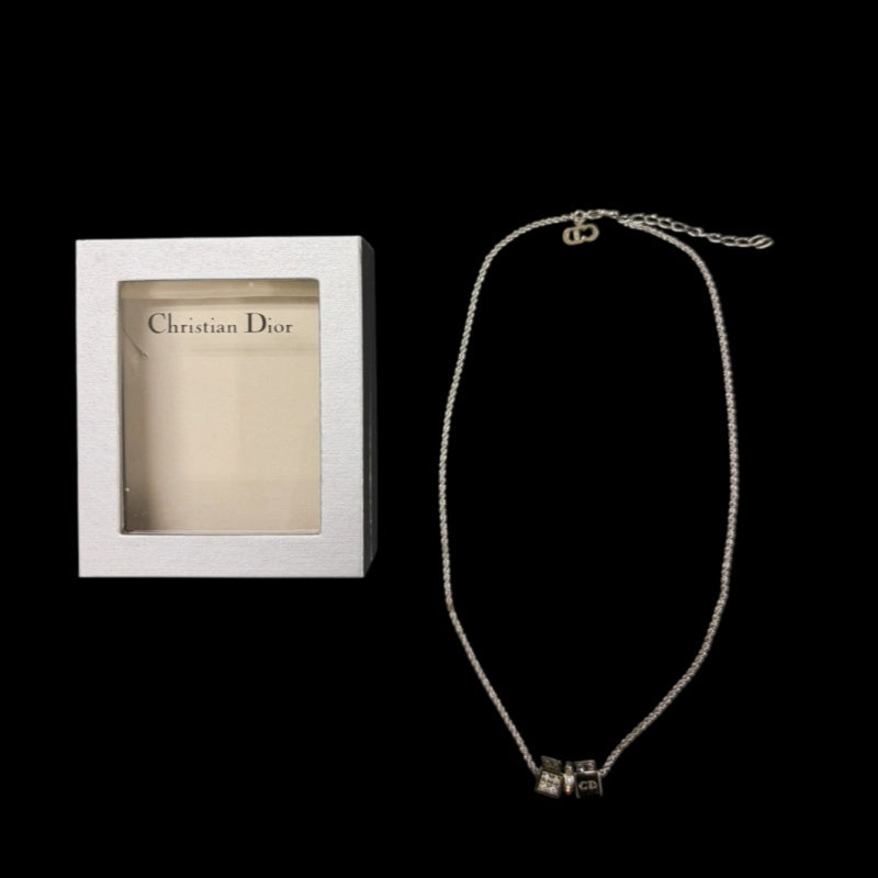 CHRISTIAN DIOR Mini Perfume Bottle Charm Necklace Accessory Gold Tone Metal Full Rhinestone Inlay Thin Chain Elegant with Original Box