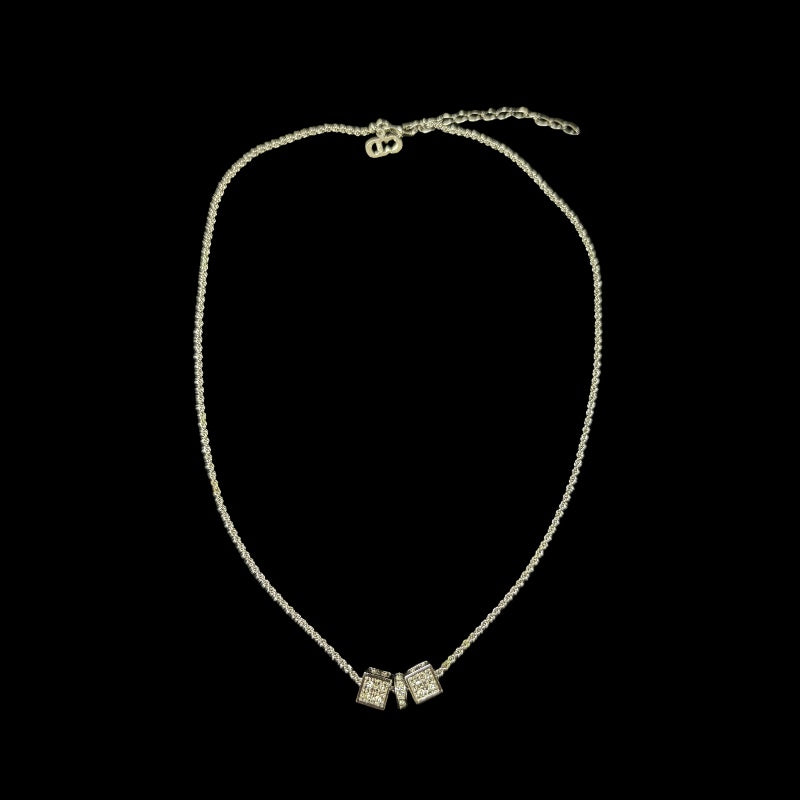 CHRISTIAN DIOR Mini Perfume Bottle Charm Necklace Accessory Gold Tone Metal Full Rhinestone Inlay Thin Chain Elegant with Original Box