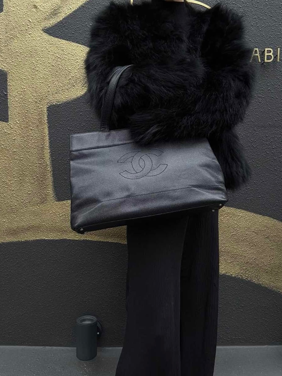 CHANEL Black Caviar Leather Tote Shoulder Bag
